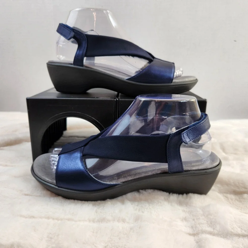 Naot Muscat Metallic Navy Leather Wedge Sandals Womens 39 Elastic‎ Straps 8-8.5